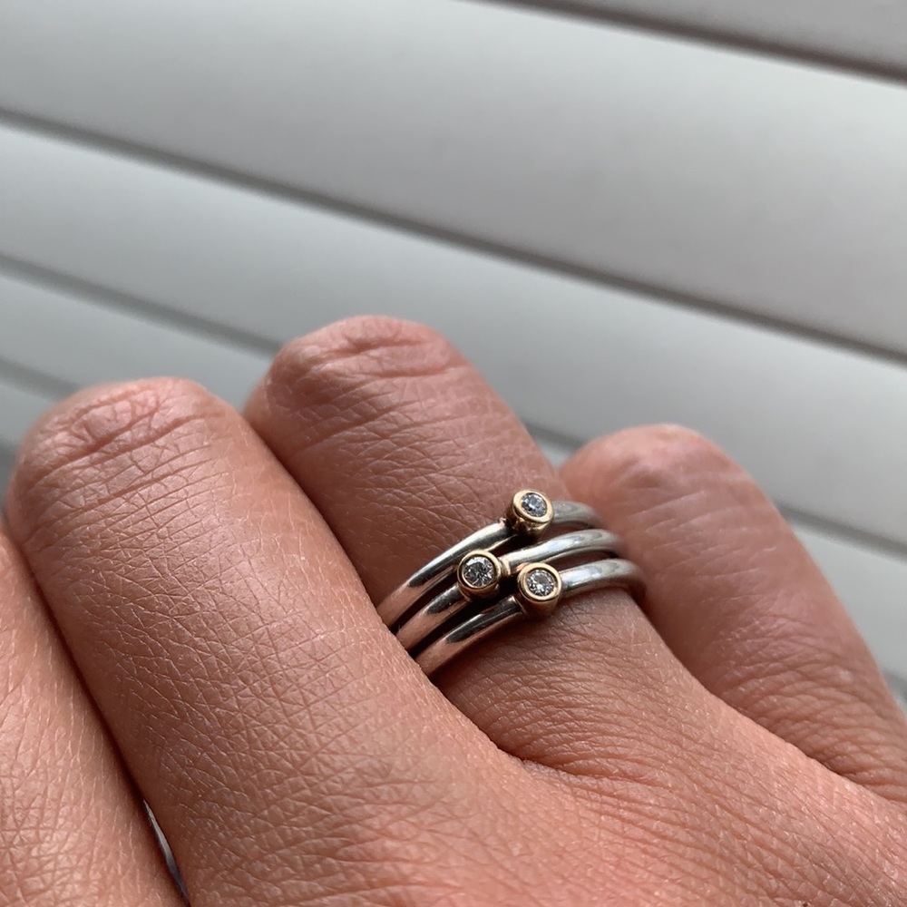 ALL AUTHENTIC PANDORA (3) Single Diamond Gold and ss rings,